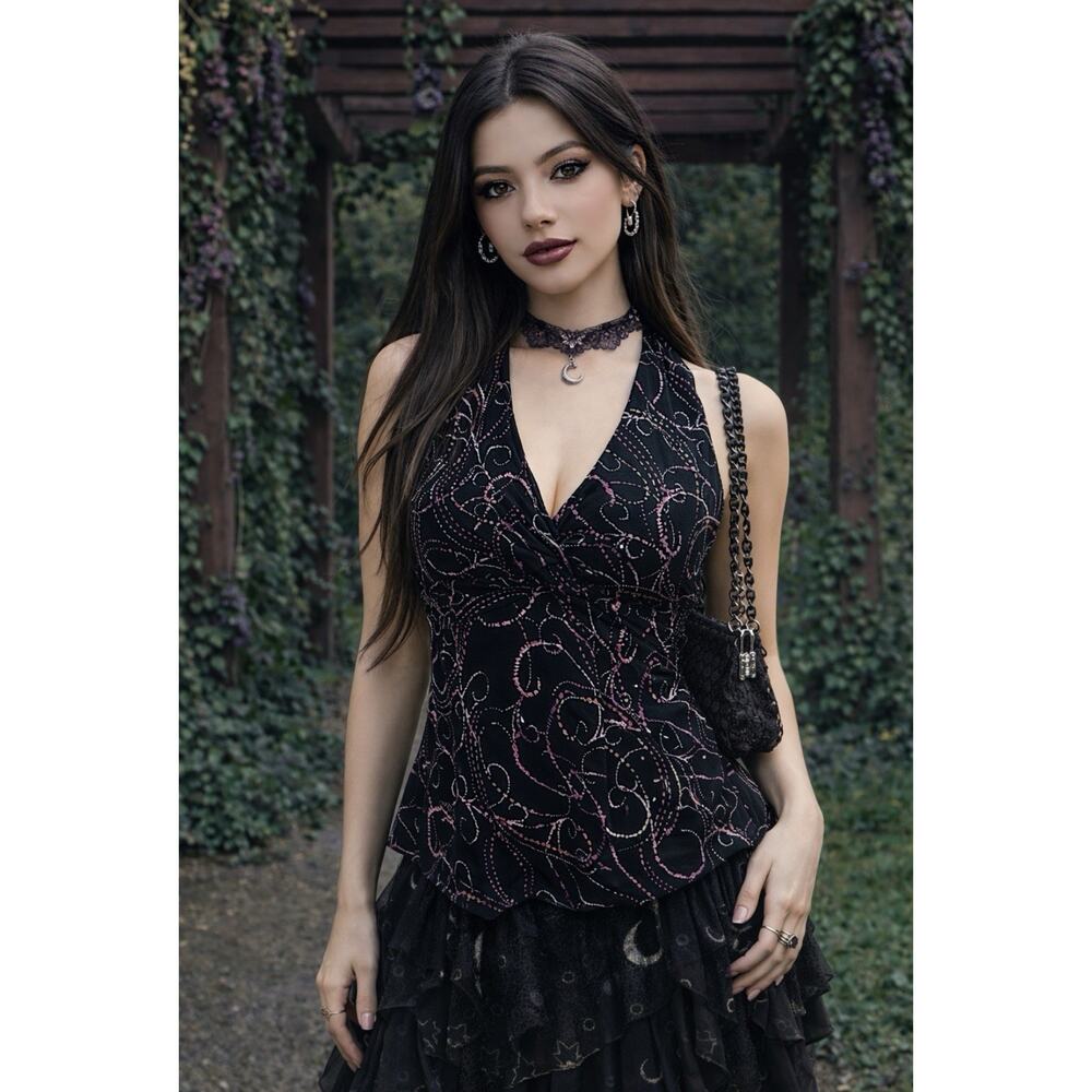 Y2K Whimsigoth Moody Baby-doll Halter Top Pink Swirl Fairy Goth Boho Flowy Sz 9